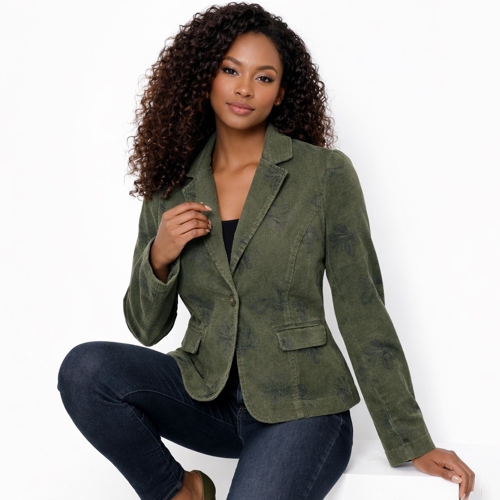 Caribbean Joe Womens Floral Blazer Jacket Dark Green Size 10P Autumn Boho Preppy
